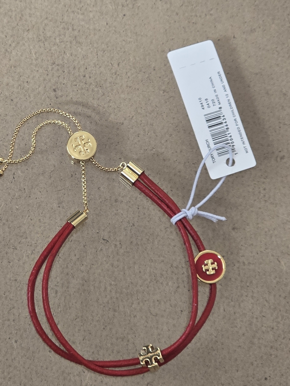 Tory Burch Red Leather Double-Strand Bracelet with Gold Logo Accents